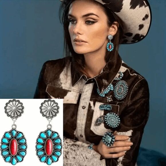 Western Boho Blue and Red Buffalo Turquoise Dangle Earrings - Picture 1 of 7